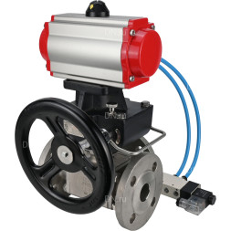Кран шаровой BV3232P(4pc)-FP-3WL-F Ду100 Ру16 полнопроходной трехходовой, фланцевый, корпус - нержавеющая сталь SS316, с пневмоприводом PA-DA-105 двойного действия, пневмораспределителем 4V320-10 AC220V и ручным дублером MON3-700-T38-ISO