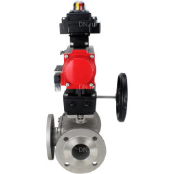 Кран шаровой BV3232P(4pc)-FP-3WL-F Ду100 Ру16 полнопроходной трехходовой, фланцевый, корпус - нержавеющая сталь SS316, с пневмоприводом PA-DA-105, пневмораспределителем 4M310-08 DC24V, БКВ APL-410N EX и ручным дублером MON3-700-T38-ISO