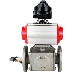 Кран шаровой BV3232P(4pc)-FP-3WL-F Ду100 Ру16 полнопроходной трехходовой, фланцевый, корпус - нержавеющая сталь SS316, с пневмоприводом PA-DA-105 двойного действия, пневмораспределителем 4V320-10 AC220V и БКВ APL-510N EX