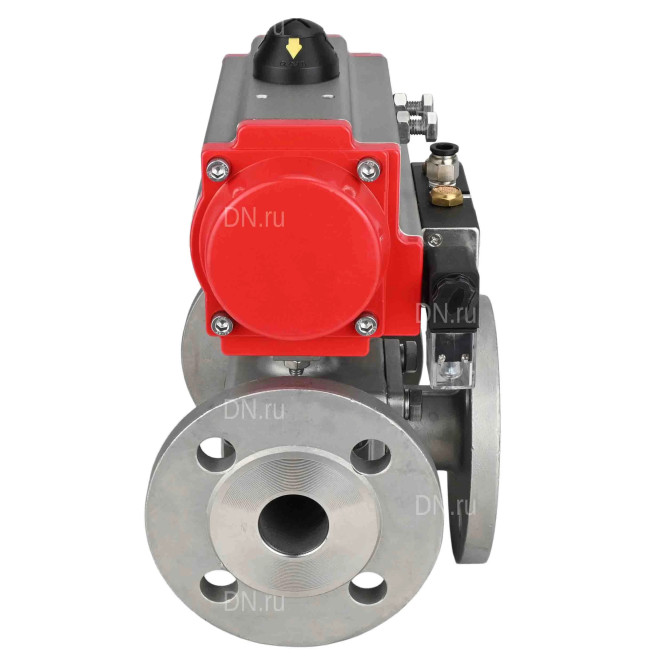 Кран шаровой BV3232P(4pc)-FP-3WL-F Ду40 Ру16 полнопроходной трехходовой, фланцевый, корпус - нержавеющая сталь SS316, с пневмоприводом PA-SA-105 с возвратными пружинами и пневмораспределителем 4M310-08 AC220V в Алматы