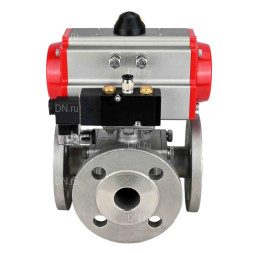 Кран шаровой BV3232P(4pc)-FP-3WL-F Ду15 Ру16 полнопроходной трехходовой, фланцевый, корпус - нержавеющая сталь SS316, с пневмоприводом PA-SA-052 с возвратными пружинами и пневмораспределителем 4M310-08 DC24V