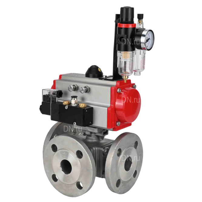 Кран шаровой BV3232P(4pc)-FP-3WL-F Ду20 Ру16 полнопроходной трехходовой, фланцевый, корпус - нержавеющая сталь SS316, с пневмоприводом PA-SA-065, пневмораспределителем 4M310-08 DC24V и БПВ AFC2000 в Алматы