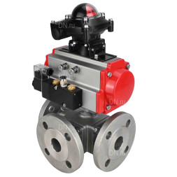 Кран шаровой BV3232P(4pc)-FP-3WL-F Ду20 Ру16 полнопроходной трехходовой, фланцевый, корпус - нержавеющая сталь SS316, с пневмоприводом PA-SA-065 с возвратными пружинами, пневмораспределителем 4M310-08 DC24V и БКВ APL-210N