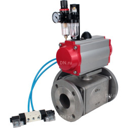 Кран шаровой BV3232P(4pc)-FP-3WL-F Ду15 Ру16 полнопроходной трехходовой, фланцевый, корпус - нержавеющая сталь SS316, с пневмоприводом PA-SA-052 с возвратными пружинами, пневмораспределителем 4V320-10 AC220V и БПВ AFC2000