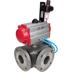 Кран шаровой BV3232P(4pc)-FP-3WL-F Ду20 Ру16 полнопроходной трехходовой, фланцевый, корпус - нержавеющая сталь SS316, с пневмоприводом PA-SA-065 с возвратными пружинами, пневмораспределителем 4V320-10 AC220V и БПВ AFC2000