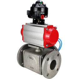 Кран шаровой BV3232P(4pc)-FP-3WL-F Ду32 Ру16 полнопроходной трехходовой, фланцевый, корпус - нержавеющая сталь SS316, с пневмоприводом PA-SA-083 с возвратными пружинами, пневмораспределителем 4V320-10 AC220V и БКВ APL-510N EX