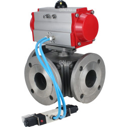 Кран шаровой BV3232P(4pc)-FP-3WL-F Ду20 Ру16 полнопроходной трехходовой, фланцевый, корпус - нержавеющая сталь SS316, с пневмоприводом PA-SA-065 с возвратными пружинами и пневмораспределителем 4V320-08 AC220V