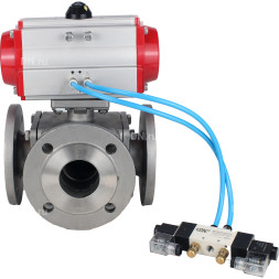 Кран шаровой BV3232P(4pc)-FP-3WL-F Ду20 Ру16 полнопроходной трехходовой, фланцевый, корпус - нержавеющая сталь SS316, с пневмоприводом PA-SA-065 с возвратными пружинами и пневмораспределителем 4V320-08 AC220V