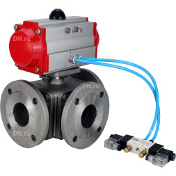 Кран шаровой BV3232P(4pc)-FP-3WL-F Ду20 Ру16 полнопроходной трехходовой, фланцевый, корпус - нержавеющая сталь SS316, с пневмоприводом PA-SA-065 с возвратными пружинами и пневмораспределителем 4V320-08 AC220V