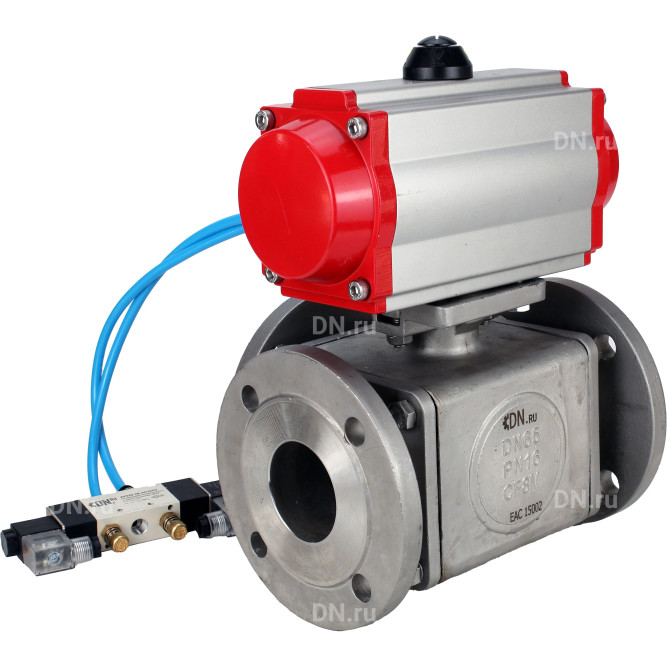 Кран шаровой BV3232P(4pc)-FP-3WL-F Ду20 Ру16 полнопроходной трехходовой, фланцевый, корпус - нержавеющая сталь SS316, с пневмоприводом PA-SA-065 с возвратными пружинами и пневмораспределителем 4V320-08 AC220V в Алматы