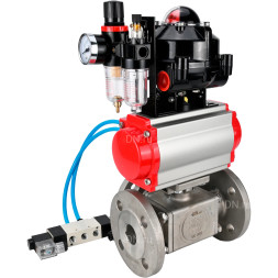 Кран шаровой BV3232P(4pc)-FP-3WL-F Ду15 Ру16 полнопроходной трехходовой, фланцевый, корпус - нержавеющая сталь SS316, с пневмоприводом PA-SA-052 с возвратными пружинами, пневмораспределителем 4V320-08 AC220V, БКВ APL-510N EX и БПВ AFC2000