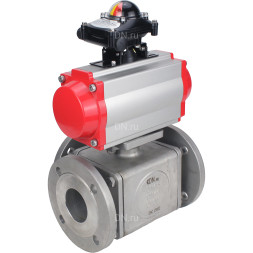 Кран шаровой BV3232P(4pc)-FP-3WL-F Ду25 Ру16 полнопроходной трехходовой, фланцевый, корпус - нержавеющая сталь SS316, с пневмоприводом PA-SA-083 с возвратными пружинами и БКВ APL-210N