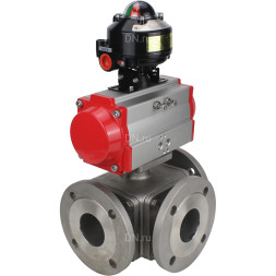 Кран шаровой BV3232P(4pc)-FP-3WL-F Ду40 Ру16 полнопроходной трехходовой, фланцевый, корпус - нержавеющая сталь SS316, с пневмоприводом PA-SA-105 с возвратными пружинами и БКВ APL-510N EX