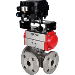 Кран шаровой BV3232P(4pc)-FP-3WL-F Ду32 Ру16 полнопроходной трехходовой, фланцевый, корпус - нержавеющая сталь SS316, с пневмоприводом PA-SA-083 с возвратными пружинами и пневмопозиционером YT-1000RSN без обратной связи