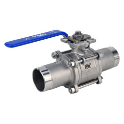 Кран шаровой BV3131P(3pc)-FP-W-ISO-H LONG Ду25 Ру63 полнопроходной, трехсоставной, корпус - нержавеющая сталь 304, уплотнение - PTFE, под приварку, с рукояткой