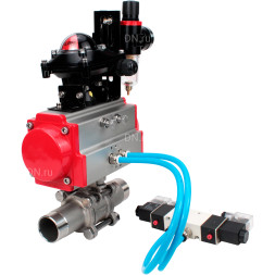 Кран шаровой BV3131P(3pc)-FP-W-ISO-H LONG Ду10 Ру63 полнопроходной, корпус - нержавеющая сталь 304, уплотнение - PTFE, под приварку, с пневмоприводом PA-DA-052, пневмораспределителем 4V320-08 AC220V, БКВ APL-210N и БПВ AFC2000