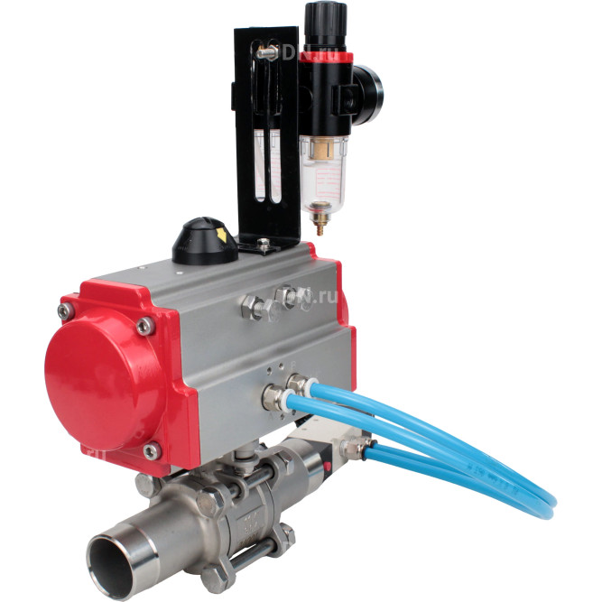 Кран шаровой BV3131P(3pc)-FP-W-ISO-H LONG Ду10 Ру63 полнопроходной, корпус - нержавеющая сталь 304, уплотнение - PTFE, под приварку, с пневмоприводом PA-DA-052, пневмораспределителем 4V320-08 AC220V и БПВ AFC2000 в Алматы