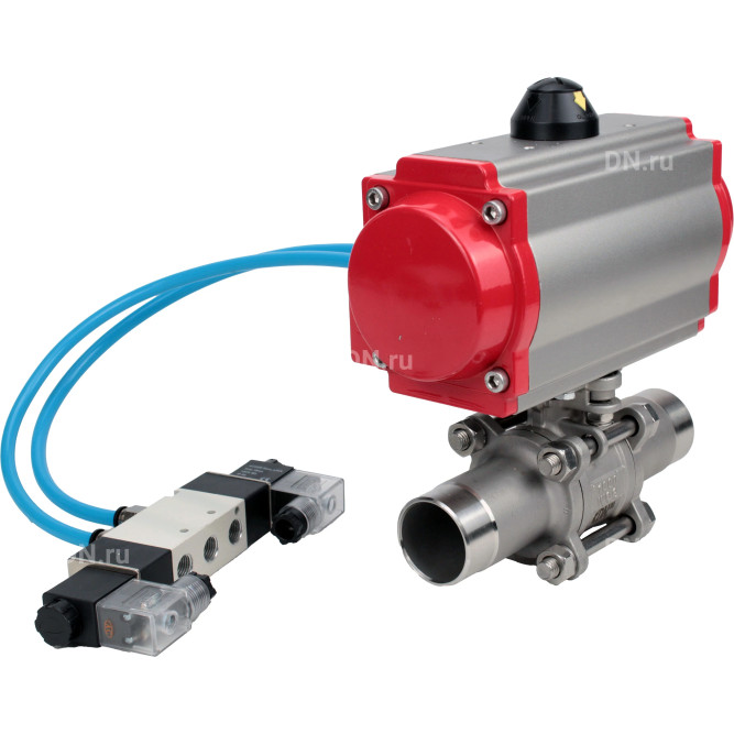 Кран шаровой BV3131P(3pc)-FP-W-ISO-H LONG Ду40 Ру40 полнопроходной, корпус - нержавеющая сталь 304, уплотнение - PTFE, под приварку, с пневмоприводом PA-DA-065 и пневмораспределителем 4V320-08 AC220V в Алматы