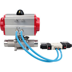 Кран шаровой BV3131P(3pc)-FP-W-ISO-H LONG Ду125 Ру16 полнопроходной, корпус - нержавеющая сталь 304, уплотнение - PTFE, под приварку, с пневмоприводом PA-SA-210 и пневмораспределителем 4V320-08 AC220V