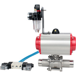 Кран шаровой BV3131P(3pc)-FP-W-ISO-H LONG Ду40 Ру40 полнопроходной, корпус - нержавеющая сталь 304, уплотнение - PTFE, под приварку, с пневмоприводом PA-SA-105, пневмораспределителем 4V320-08 AC220V и БПВ AFC2000