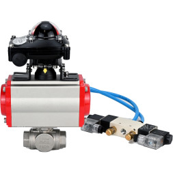 Кран шаровой BV3232P(4pc)-SP-3WL-T-ISO-H Ду10 Ру63, стандартнопроходной, четырехсоставной, корпус - нержавеющая сталь 316, уплотнение - PTFE, внутренняя резьба, с пневмоприводом PA-DA-052, пневмораспределителем 4V320-08 AC220V, БКВ APL-210N