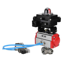 Кран шаровой BV3232P(4pc)-SP-3WL-T-ISO-H Ду10 Ру63, стандартнопроходной, четырехсоставной, корпус - нержавеющая сталь 316, уплотнение - PTFE, внутренняя резьба, с пневмоприводом PA-DA-052, пневмораспределителем 4V320-08 AC220V, БКВ APL-410N Ex