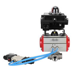 Кран шаровой BV3232P(4pc)-SP-3WL-T-ISO-H Ду10 Ру63, стандартнопроходной, четырехсоставной, корпус - нержавеющая сталь 316, уплотнение - PTFE, внутренняя резьба, с пневмоприводом PA-DA-052, пневмораспределителем 4V320-08 AC220V, БКВ APL-410N Ex