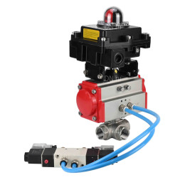 Кран шаровой BV3232P(4pc)-SP-3WL-T-ISO-H Ду10 Ру63, стандартнопроходной, четырехсоставной, корпус - нержавеющая сталь 316, уплотнение - PTFE, внутренняя резьба, с пневмоприводом PA-DA-052, пневмораспределителем 4V320-08 AC220V, БКВ APL-410N Ex