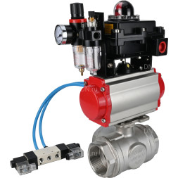 Кран шаровой BV3232P(4pc)-SP-3WL-T-ISO-H Ду10 Ру63, стандартнопроходной, четырехсоставной, нержавеющая сталь 316, PTFE, внутренняя резьба, с пневмоприводом PA-DA-052, пневмораспределителем 4V320-08 AC220V, БКВ APL-410N Ex, БПВ AFC2000