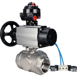 Кран шаровой BV3232P(4pc)-SP-3WL-T-ISO-H Ду80 Ру40, стандартнопроходной, четырехсоставной, корпус - нержавеющая сталь 316, уплотнение - PTFE, внутренняя резьба, с пневмоприводом PA-DA-105-1, пневмораспределителем 4V320-08 AC220V, БКВ APL-510N Ex