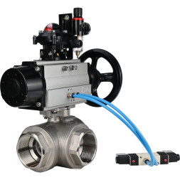 Кран шаровой BV3232P(4pc)-SP-3WL-T-ISO-H Ду80 Ру40, стандартнопроходной, четырехсоставной, нержавеющая сталь 316, PTFE, внутренняя резьба, с пневмоприводом PA-DA-105-1, пневмораспределителем 4V320-08 AC220V, БКВ APL-210N, БПВ AFC2000