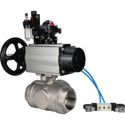 Кран шаровой BV3232P(4pc)-SP-3WL-T-ISO-H Ду80 Ру40, стандартнопроходной, четырехсоставной, нержавеющая сталь 316, PTFE, внутренняя резьба, с пневмоприводом PA-DA-105-1, пневмораспределителем 4V320-08 AC220V, БКВ APL-210N, БПВ AFC2000