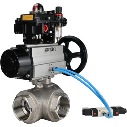 Кран шаровой BV3232P(4pc)-SP-3WL-T-ISO-H Ду80 Ру40, стандартнопроходной, четырехсоставной, нержавеющая сталь 316, PTFE, внутренняя резьба, с пневмоприводом PA-DA-105-1, пневмораспределителем 4V320-10 AC220V, БКВ APL-410N Ex, БПВ AFC2000