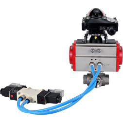 Кран шаровой BV3232P(4pc)-SP-3WL-T-ISO-H Ду20 Ру63, стандартнопроходной, четырехсоставной, корпус - нержавеющая сталь 316, уплотнение - PTFE, внутренняя резьба, с пневмоприводом PA-SA-052, пневмораспределителем 4V320-08 AC220V, БКВ APL-210N