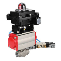 Кран шаровой BV3232P(4pc)-SP-3WL-T-ISO-H Ду25 Ру63, стандартнопроходной, четырехсоставной, корпус - нержавеющая сталь 316, уплотнение - PTFE, внутренняя резьба, с пневмоприводом PA-SA-052, пневмораспределителем 4V320-08 AC220V, БКВ APL-410N Ex