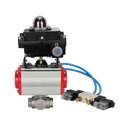 Кран шаровой BV3232P(4pc)-SP-3WL-T-ISO-H Ду25 Ру63, стандартнопроходной, четырехсоставной, корпус - нержавеющая сталь 316, уплотнение - PTFE, внутренняя резьба, с пневмоприводом PA-SA-052, пневмораспределителем 4V320-08 AC220V, БКВ APL-410N Ex