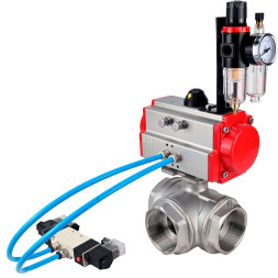 Кран шаровой BV3232P(4pc)-SP-3WL-T-ISO-H Ду20 Ру63, стандартнопроходной, четырехсоставной, корпус - нержавеющая сталь 316, уплотнение - PTFE, внутренняя резьба, с пневмоприводом PA-SA-052, пневмораспределителем 4V320-10 AC220V, БПВ AFC2000