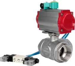 Кран шаровой BV3232P(4pc)-SP-3WL-T-ISO-H Ду80 Ру40 стандартнопроходной L-тип, внутренняя резьба, корпус - нержавеющая сталь 316, PTFE, с пневмоприводом PA-DA-083, пневмораспределителем 4V320-10 AC220V и магнитным переключателем ALS200D