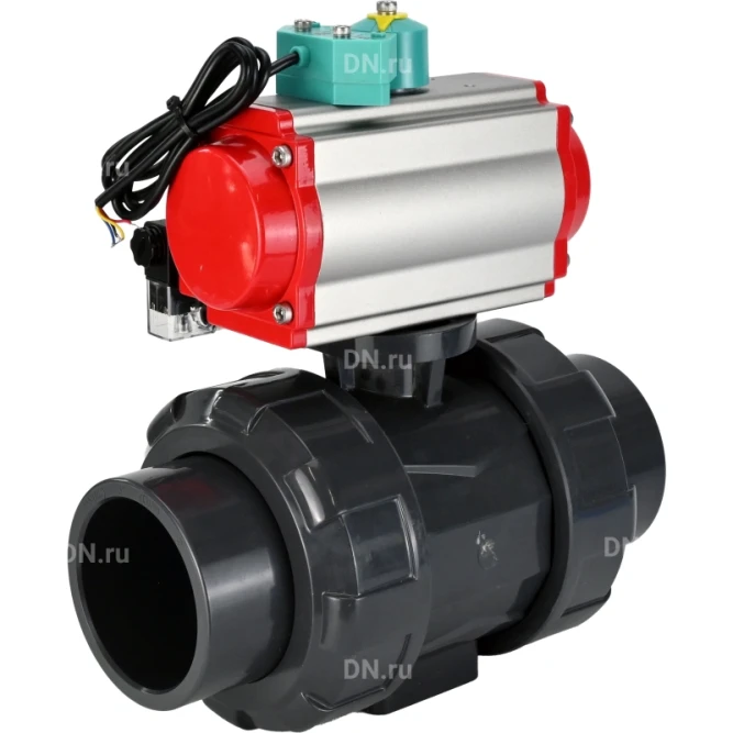 Кран шаровой BV4242E-FP-GRM-ISO Дн25 Ру10 полнопроходной, корпус - НПВХ, шар - НПВХ, уплотнение - EPDM, с пневмоприводом PA-DA-052, пневмораспределителем 4M310-08 DC24V и магнитным переключателем ALS200D в Алматы
