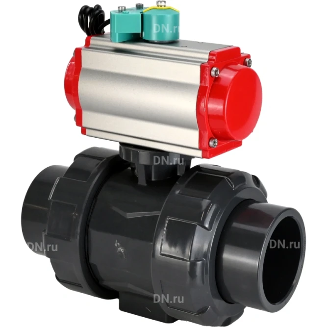 Кран шаровой BV4242E-FP-GRM-ISO Дн25 Ру10 полнопроходной, корпус - НПВХ, шар - НПВХ, уплотнение - EPDM, с пневмоприводом PA-DA-052, пневмораспределителем 4M310-08 DC24V и магнитным переключателем ALS200D в Алматы
