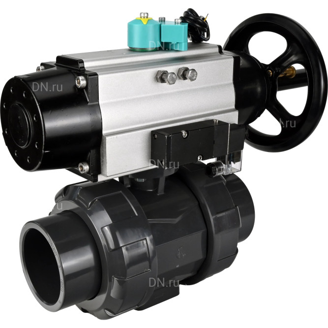 Кран шаровой BV4242E-FP-GRM-ISO Дн65 Ру10 полнопроходной, корпус - НПВХ, шар - НПВХ, уплотнение - EPDM, с пневмоприводом PA-DA-105-1, пневмораспределителем 4M310-08 DC24V и магнитным переключателем ALS200D в Алматы