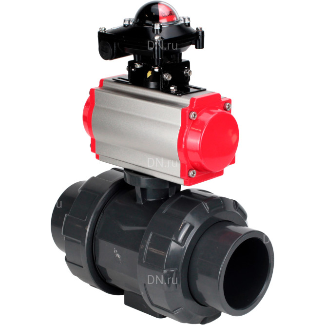 Кран шаровой BV4242E-FP-GRM-ISO Дн65 Ру10 полнопроходной, корпус - НПВХ, шар - НПВХ, уплотнение - EPDM, с пневмоприводом PA-DA-065, пневмораспределителем 4M310-08 DC24V и БКВ APL-210N в Алматы