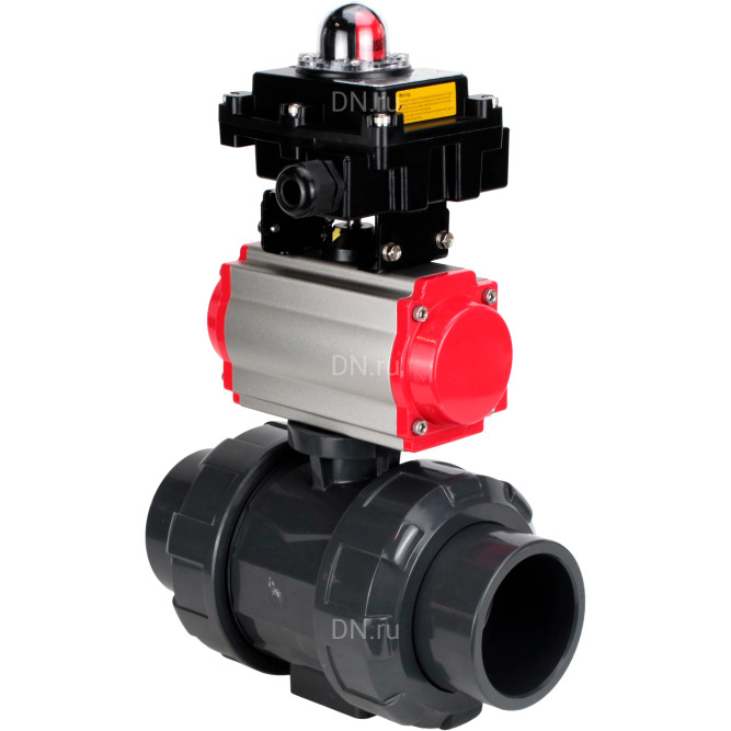 Кран шаровой BV4242E-FP-GRM-ISO Дн15 Ру10 полнопроходной, корпус - НПВХ, шар - НПВХ, уплотнение - EPDM, с пневмоприводом PA-DA-052, пневмораспределителем 4M310-08 AC220V и БКВ APL-410N EX в Алматы