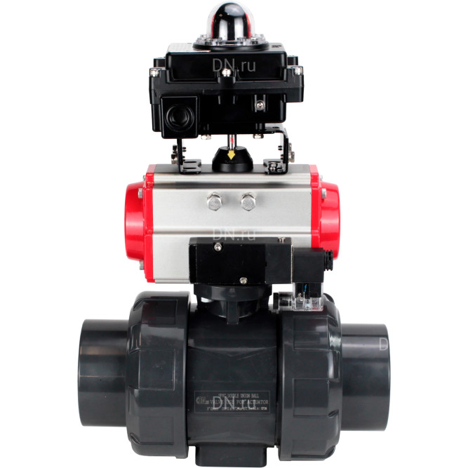 Кран шаровой BV4242E-FP-GRM-ISO Дн32 Ру10 полнопроходной, корпус - НПВХ, шар - НПВХ, уплотнение - EPDM, с пневмоприводом PA-SA-052, пневмораспределителем 4M310-08 DC24V и БКВ APL-410N EX в Алматы