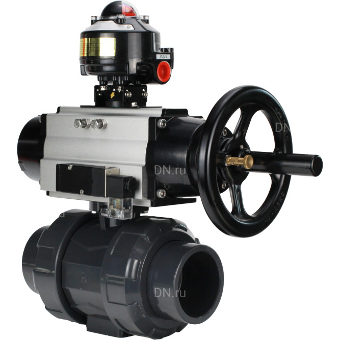 Кран шаровой BV4242E-FP-GRM-ISO Дн40 Ру10 полнопроходной, корпус - НПВХ, шар - НПВХ, уплотнение - EPDM, с пневмоприводом PA-DA-105-1, пневмораспределителем 4M310-08 AC220V и БКВ APL-510N EX в Алматы