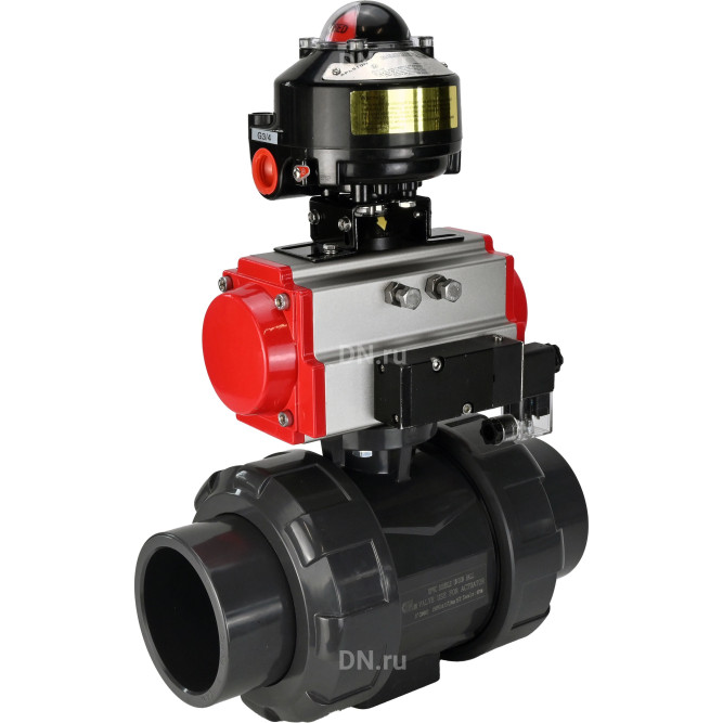 Кран шаровой BV4242E-FP-GRM-ISO Дн32 Ру10 полнопроходной, корпус - НПВХ, шар - НПВХ, уплотнение - EPDM, с пневмоприводом PA-SA-052, пневмораспределителем 4M310-08 DC24V и БКВ APL-510N EX в Алматы