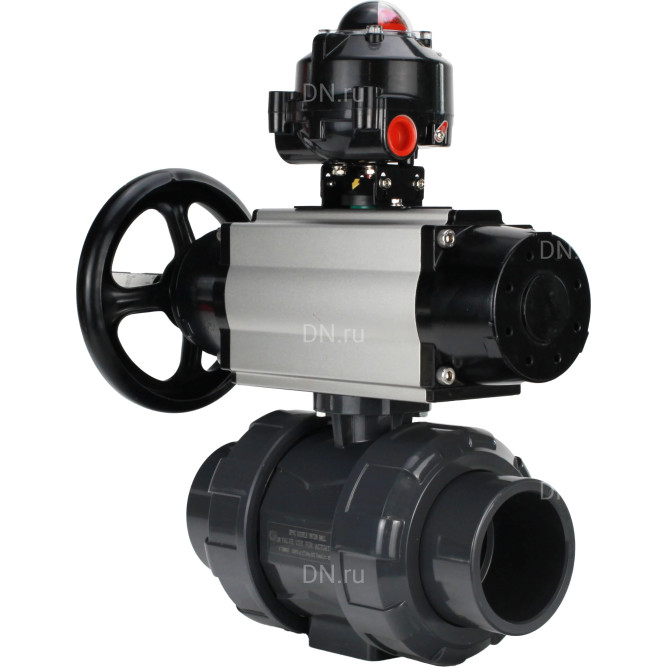 Кран шаровой BV4242E-FP-GRM-ISO Дн25 Ру10 полнопроходной, корпус - НПВХ, шар - НПВХ, уплотнение - EPDM, с пневмоприводом PA-DA-105-1, пневмораспределителем 4M310-08 DC24V и БКВ APL-510N EX в Алматы
