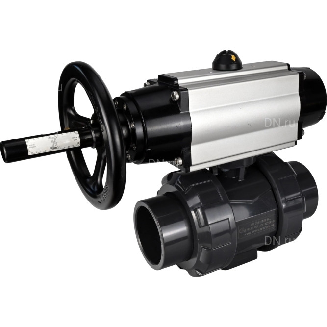 Кран шаровой BV4242E-FP-GRM-ISO Дн15 Ру10 полнопроходной, корпус - НПВХ, шар - НПВХ, уплотнение - EPDM, с пневмоприводом PA-DA-105-1 двойного действия со штурвалом в Алматы