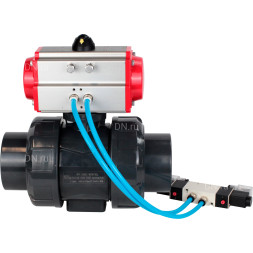 Кран шаровой BV4242E-FP-GRM-ISO Дн15 Ру10 полнопроходной, корпус - НПВХ, шар - НПВХ, уплотнение - EPDM, с пневмоприводом PA-SA-052 и пневмораспределителем 4V320-08 AC220V