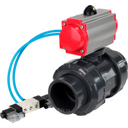 Кран шаровой BV4242E-FP-GRM-ISO Дн15 Ру10 полнопроходной, корпус - НПВХ, шар - НПВХ, уплотнение - EPDM, с пневмоприводом PA-SA-052 и пневмораспределителем 4V320-08 AC220V